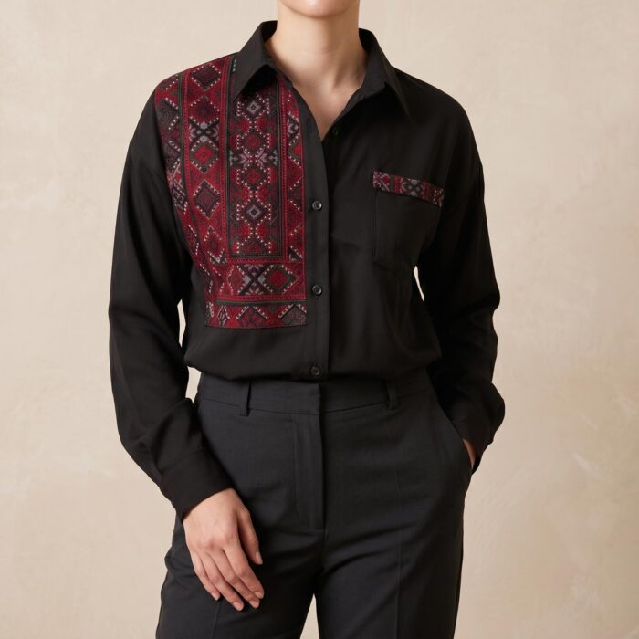 شومیز کرپ مشکی با سوزن‌دوزی زرشکی --- Black Crepe Blouse with Burgundy Embroidery