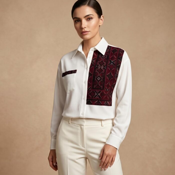 شومیز سفید کرپ با سوزندوزی زرشکی --- White Crepe Blouse with Burgundy Embroidery