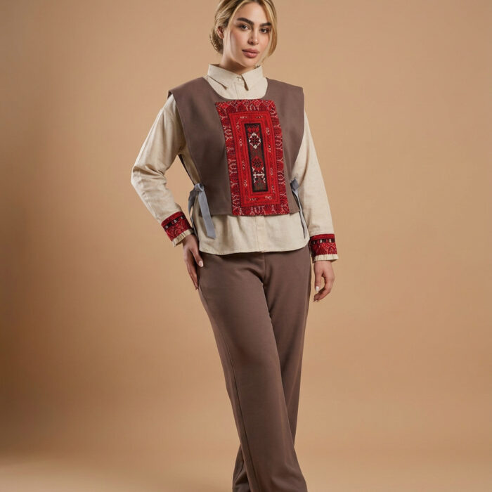 ست جلیقه ، شلوار و شومیز سوزن‌دوزی اویشو --- Embroidered Vest, Blouse and Pants Set