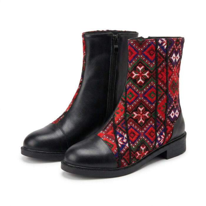 نیم بوت زنانه چرم مشکی و سوزن‌دوزی قرمز --- Red Heritage Ankle Boots