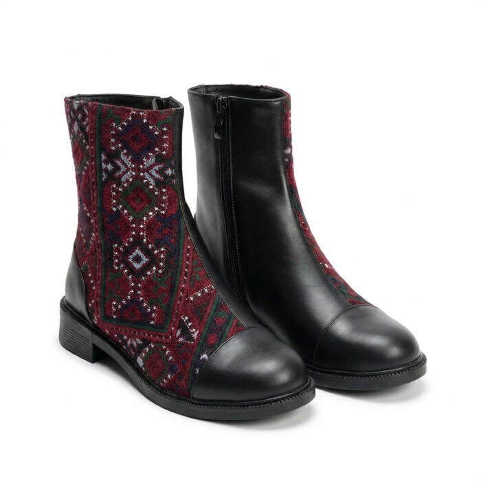 نیم بوت زنانه چرم مشکی و سوزن‌دوزی قرمز --- Maroon Heritage Ankle Boots