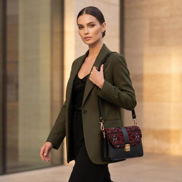 کیف دوشی چرم و سوزن‌دوزی -- Faux Leather Crossbody Bag With Embroidery