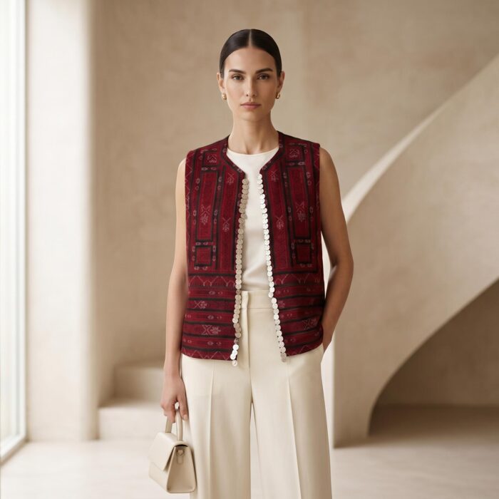 جلیقه سکه دوزی زرشکی--- Maroon Coin-Embroidered Vest