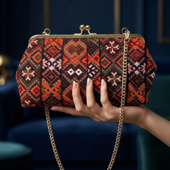 کیف دهانه فلزی با سوزندوزی نارنجی --- kiss lock frame with orange embroidery