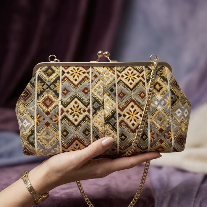 کیف دهانه فلزی زرد --- frame bag with yellow embroidery
